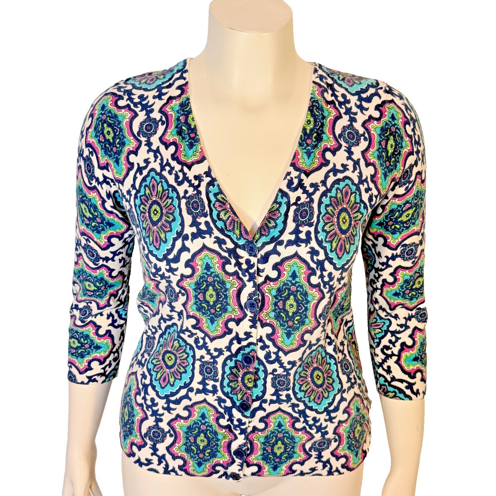 Talbots Cardigan Sweater Women's L Navy Cream Purple Damask Medallion 3/4 Sleeve